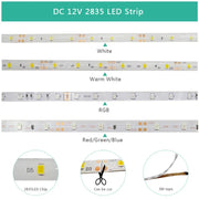 5M LED Strip Lights: RGB, White, Warm | Waterproof 12V SMD2835 for Room Decor