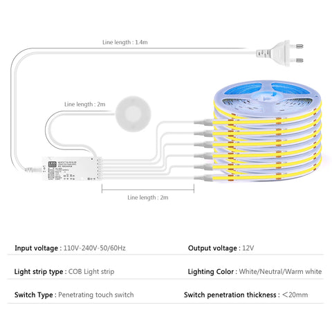 Dimmable COB LED Strip Light with Touch Sensor for Cabinets & Closets
