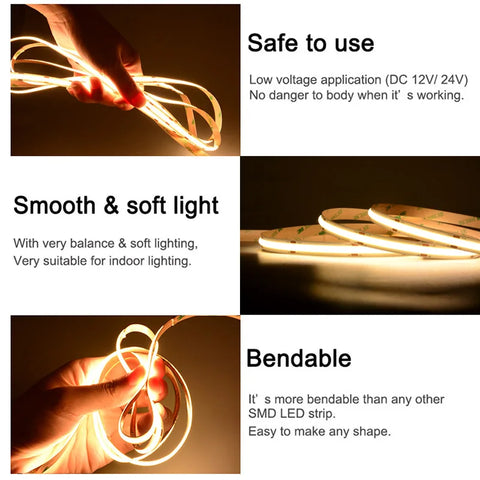UL Listed COB LED Strip: Bright, High Density 12V/24V Lights